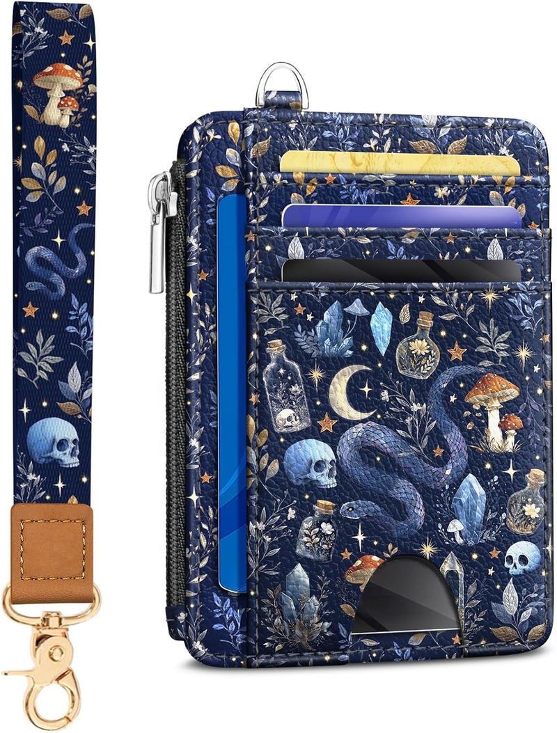 Kelvoris Goth Mushroom Slim Wallet Women Credit Card Holder, Skull Gothic Small RFID Blocking Wallet Woman Wristlet Keychain Zipper Coin Pocket, Front Pocket Thin Travel Wrist Card Case Ladies Gifts - Image 1